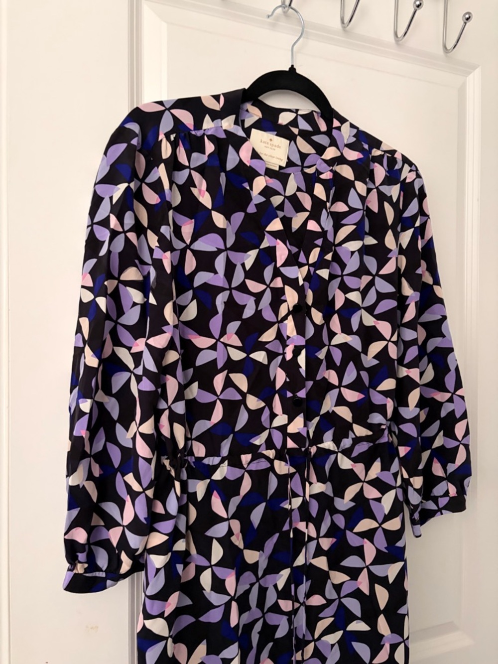 Kate Spade 100% Silk Spinner Shirtdress Geometric Print Drawstring Dress - Large - Picture 5 of 13
